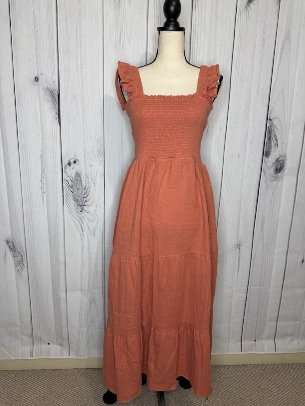 New In Maxi Dress Sz L Light Rust Red Open Back Ladder Strap Smocked Front NWT